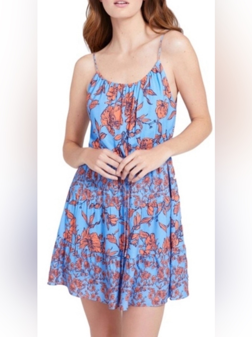 Alice + Olivia Blue Floral Sundress with Orange Print- Size Small